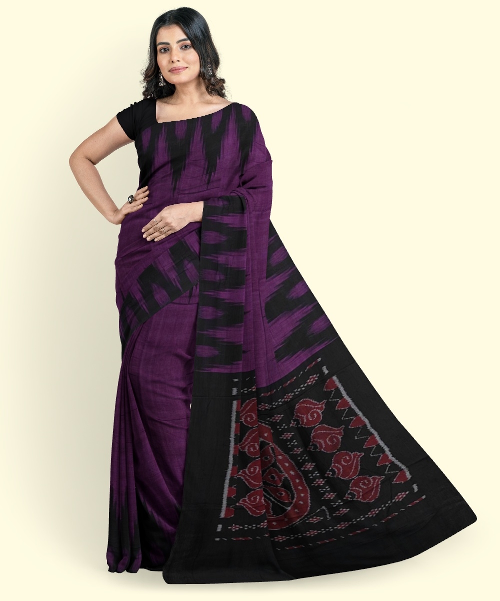 Purple Black Sambalpuri Handwoven Single Ikat Cotton Saree Image 1