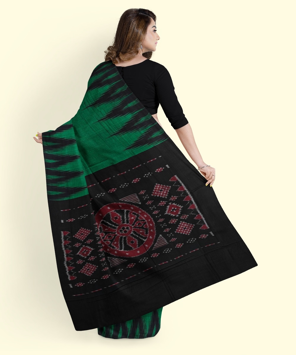 Green Black Sambalpuri Handwoven Single Ikat Cotton Saree Image 3