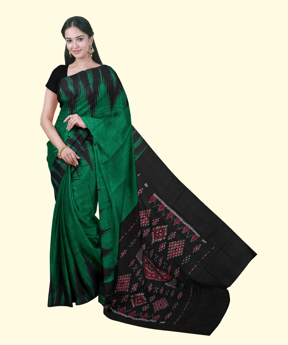 Green Black Sambalpuri Handwoven Single Ikat Cotton Saree Image 1