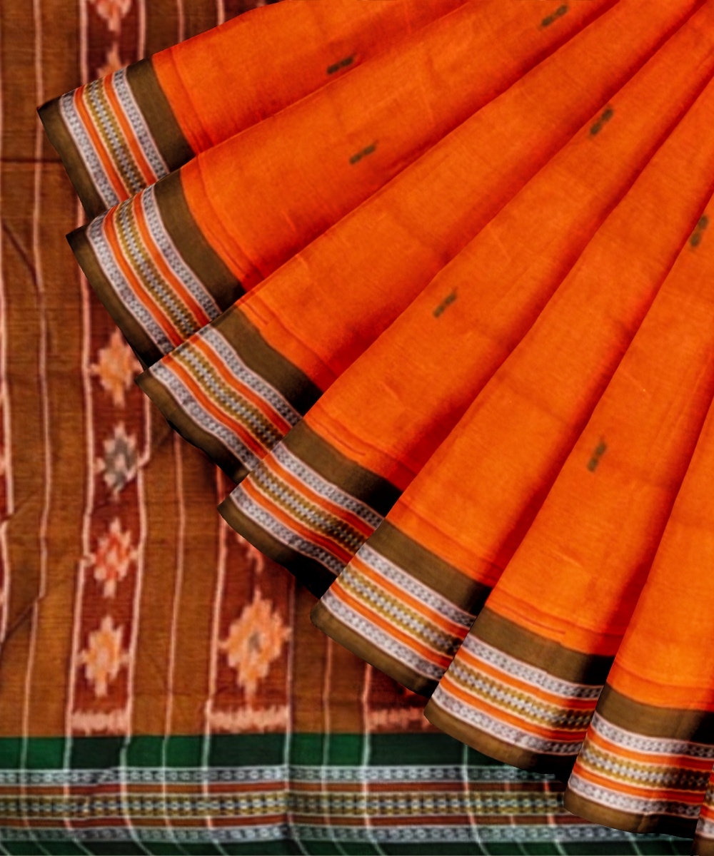 Orange Green Sambalpuri Handwoven Single Ikat Cotton Saree Image 3