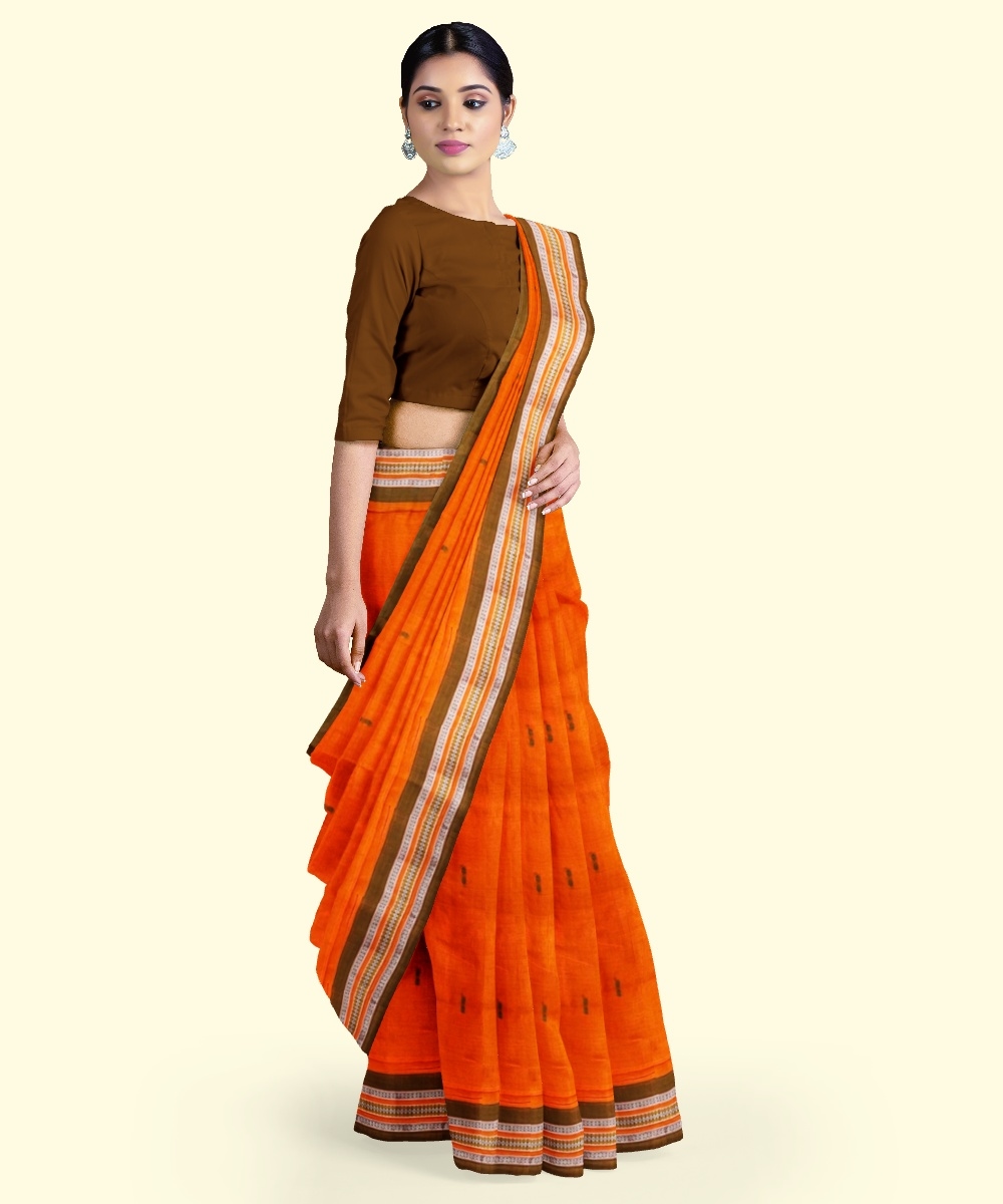 Orange Green Sambalpuri Handwoven Single Ikat Cotton Saree Image 2