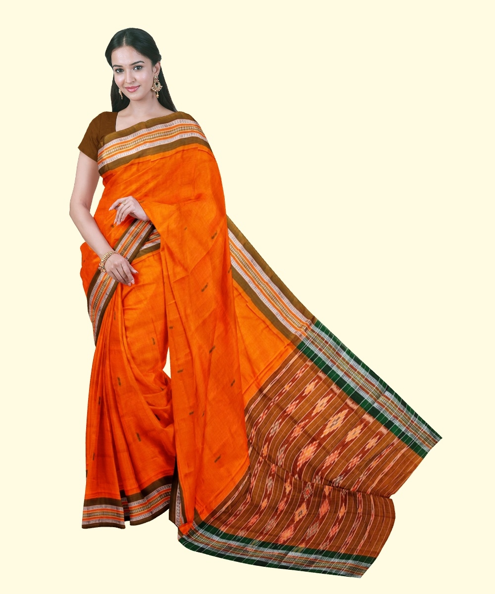 Orange Green Sambalpuri Handwoven Single Ikat Cotton Saree Image 1