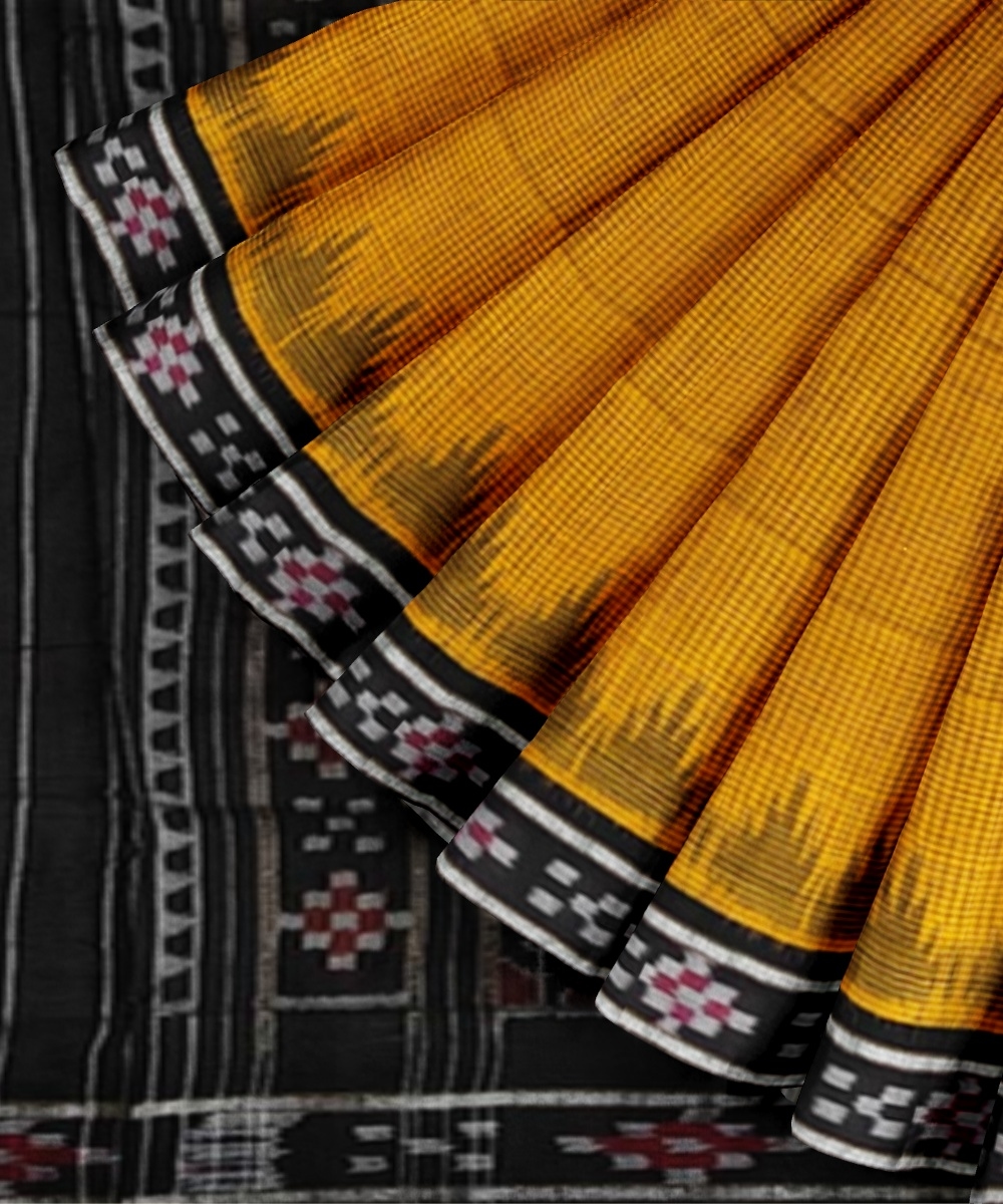 Yellow Black Sambalpuri Handwoven Single Ikat Cotton Saree Image 3