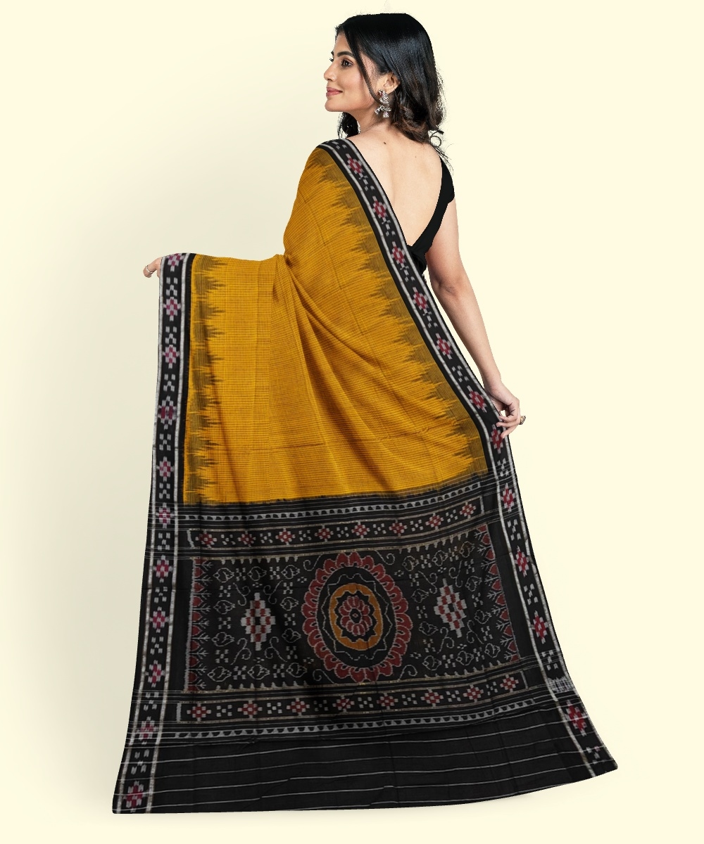 Yellow Black Sambalpuri Handwoven Single Ikat Cotton Saree Image 4