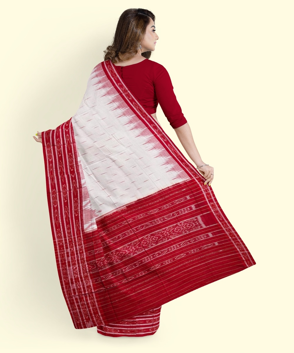 White Red Sambalpuri Handwoven Single Ikat Cotton Saree Image 3