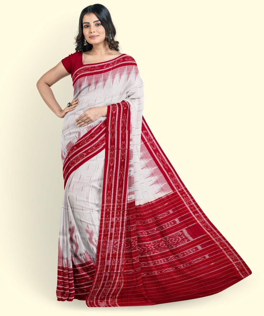 White Red Sambalpuri Handwoven Single Ikat Cotton Saree Image 1