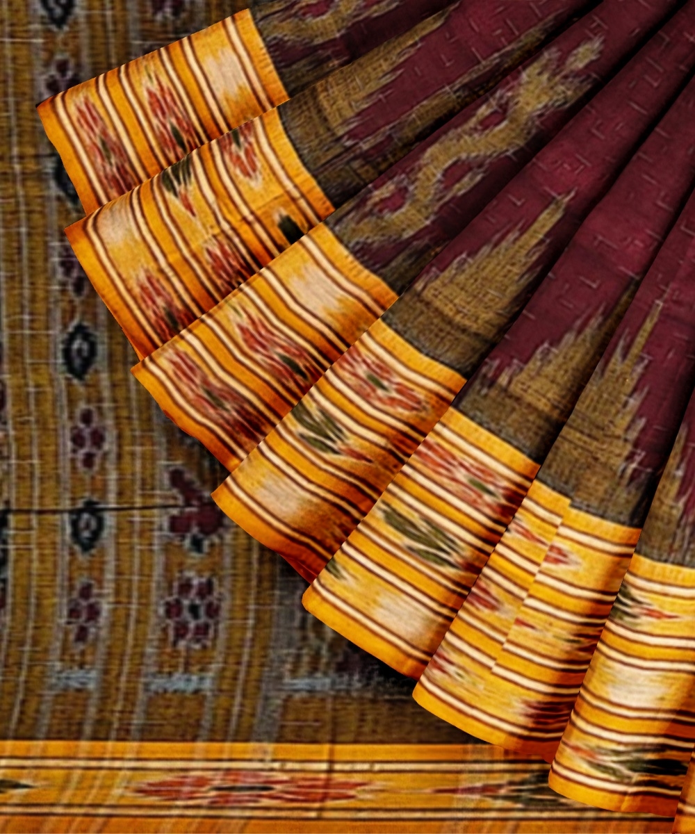 Maroon Yellow Sambalpuri Handwoven Single Ikat Cotton Saree Image 3