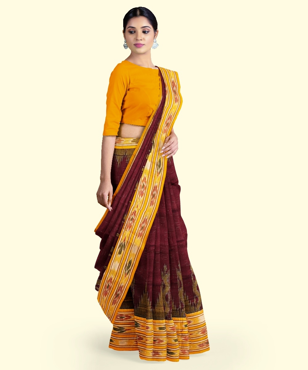 Maroon Yellow Sambalpuri Handwoven Single Ikat Cotton Saree Image 2