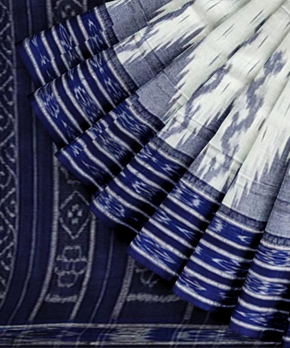 White Blue Sambalpuri Handwoven Single Ikat Cotton Saree Image 2