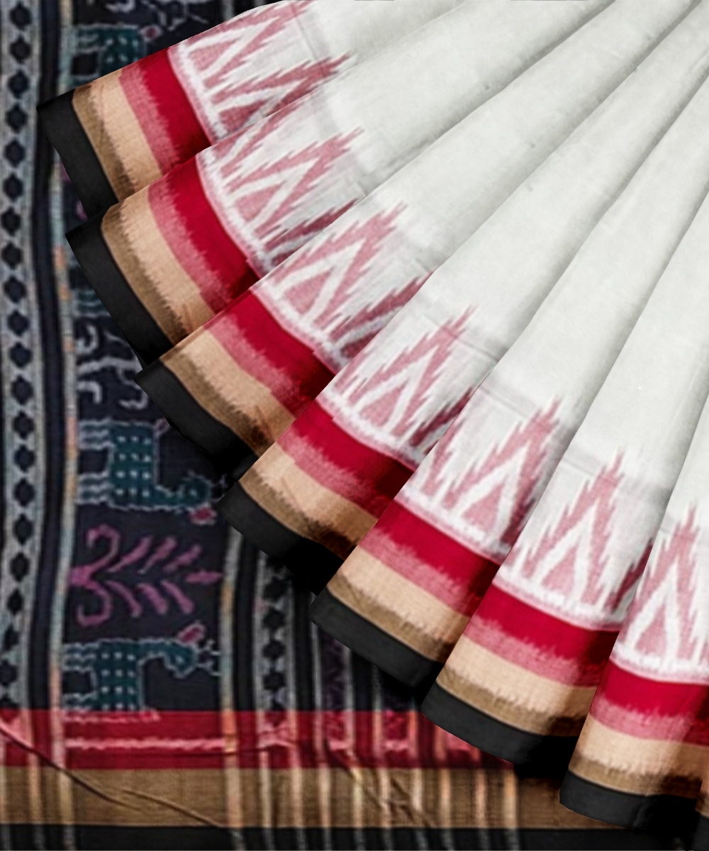 White Black Sambalpuri Handwoven Single Ikat Cotton Saree Image 3