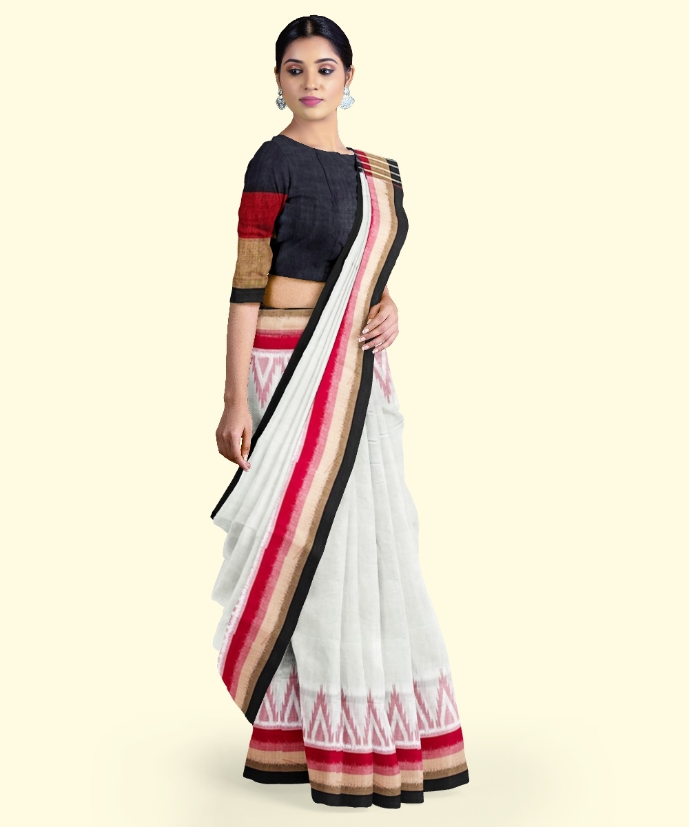 White Black Sambalpuri Handwoven Single Ikat Cotton Saree Image 2