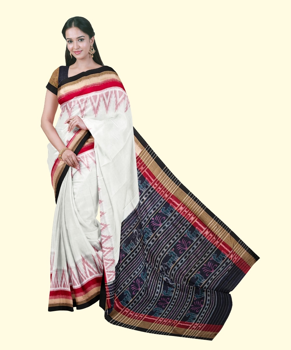 White Black Sambalpuri Handwoven Single Ikat Cotton Saree Image 1