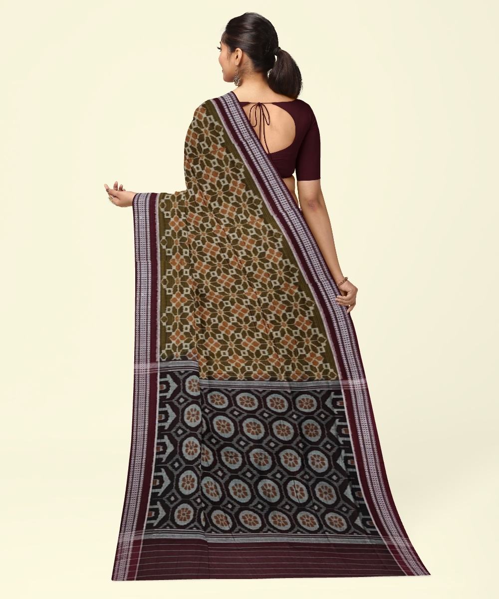 Olive Maroon Sambalpuri Handwoven Single Ikat Cotton Saree Image 4
