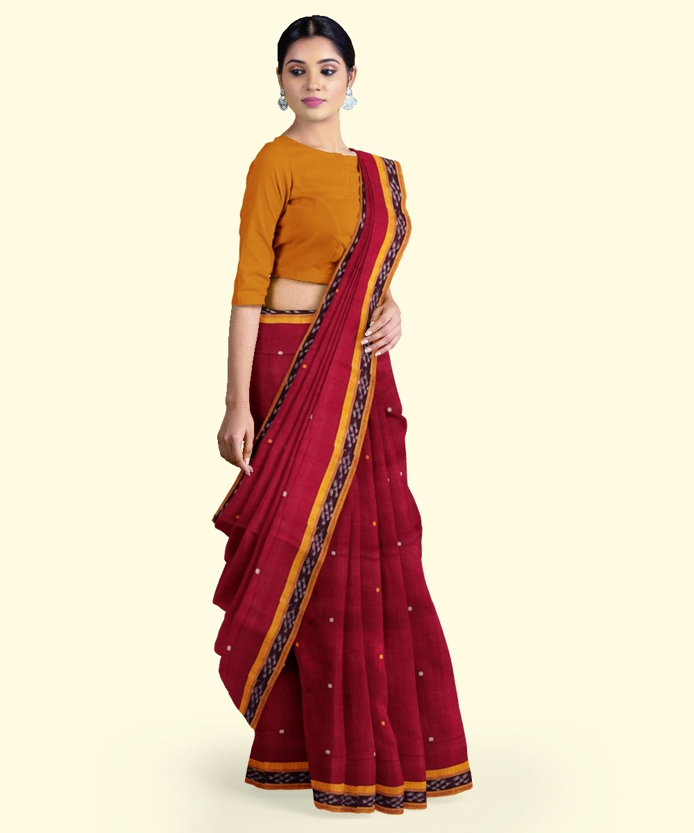 Maroon Yellow Sambalpuri Handwoven Single Ikat Cotton Saree Image 2