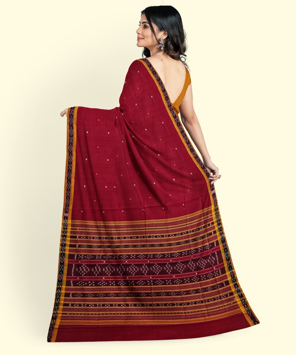 Maroon Yellow Sambalpuri Handwoven Single Ikat Cotton Saree Image 4
