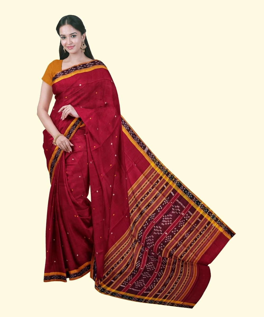 Maroon Yellow Sambalpuri Handwoven Single Ikat Cotton Saree Image 1