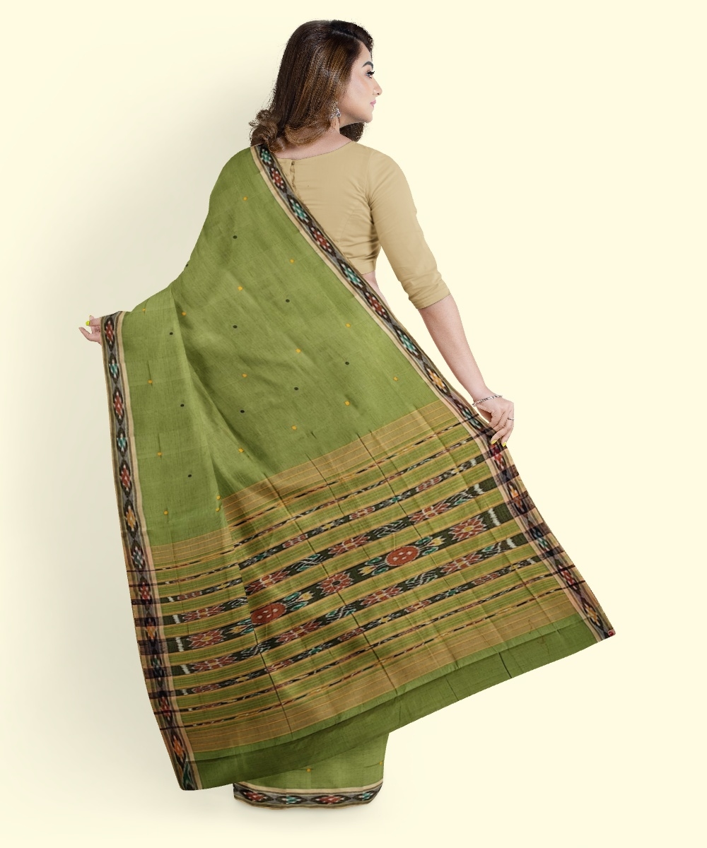Olive Sambalpuri Handwoven Single Ikat Cotton Saree Image 3