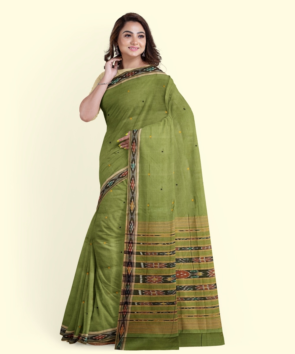 Olive Sambalpuri Handwoven Single Ikat Cotton Saree Image 4