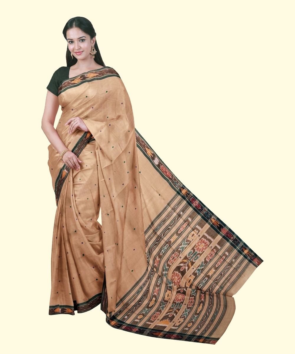 Beige Black Sambalpuri Handwoven Single Ikat Cotton Saree Image 1