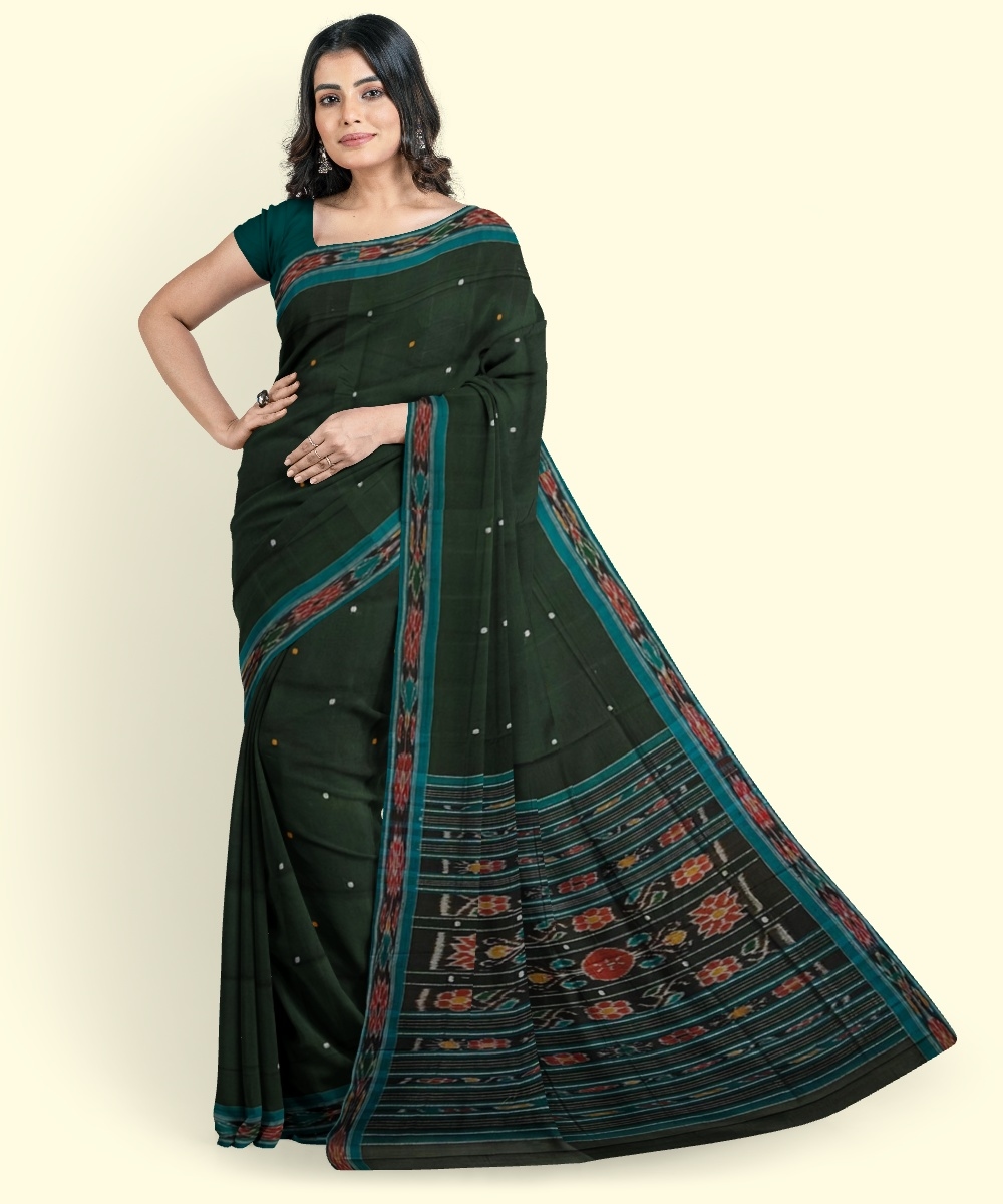Green Blue Sambalpuri Handwoven Single Ikat Cotton Saree Image 1