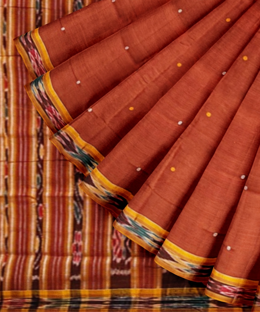 Rust Yellow Sambalpuri Handwoven Single Ikat Cotton Saree Image 3