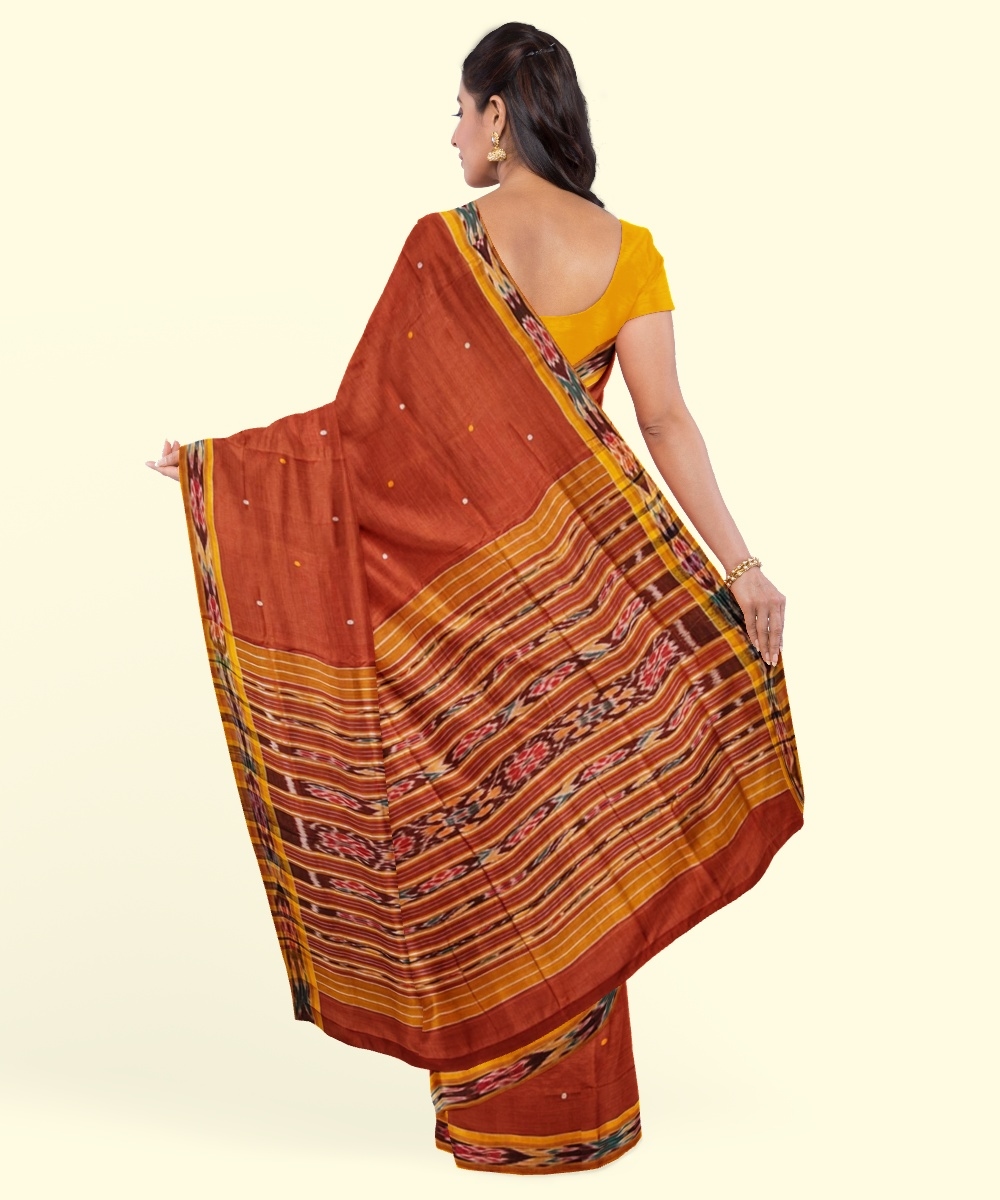 Rust Yellow Sambalpuri Handwoven Single Ikat Cotton Saree Image 4