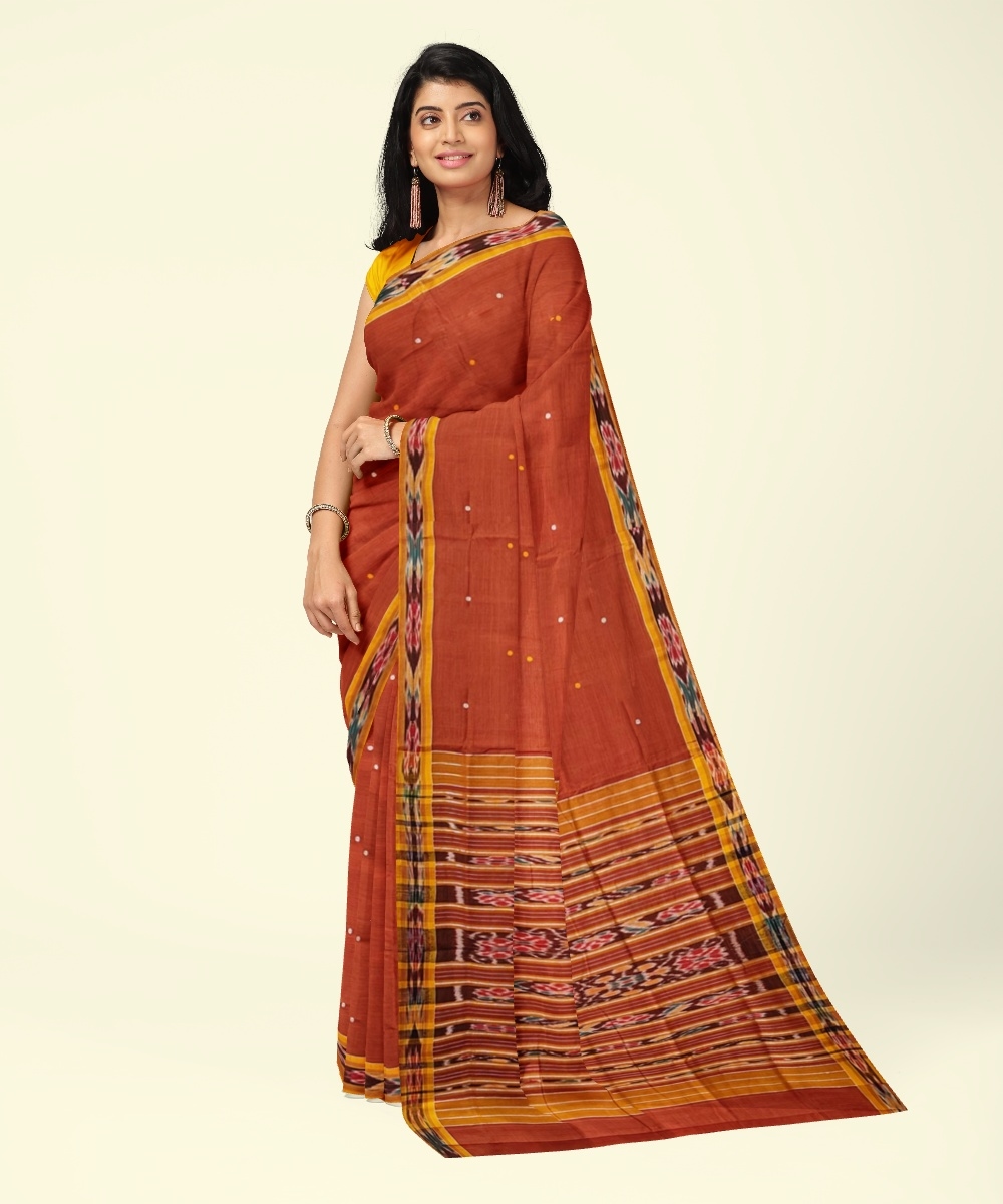 Rust Yellow Sambalpuri Handwoven Single Ikat Cotton Saree Image 1