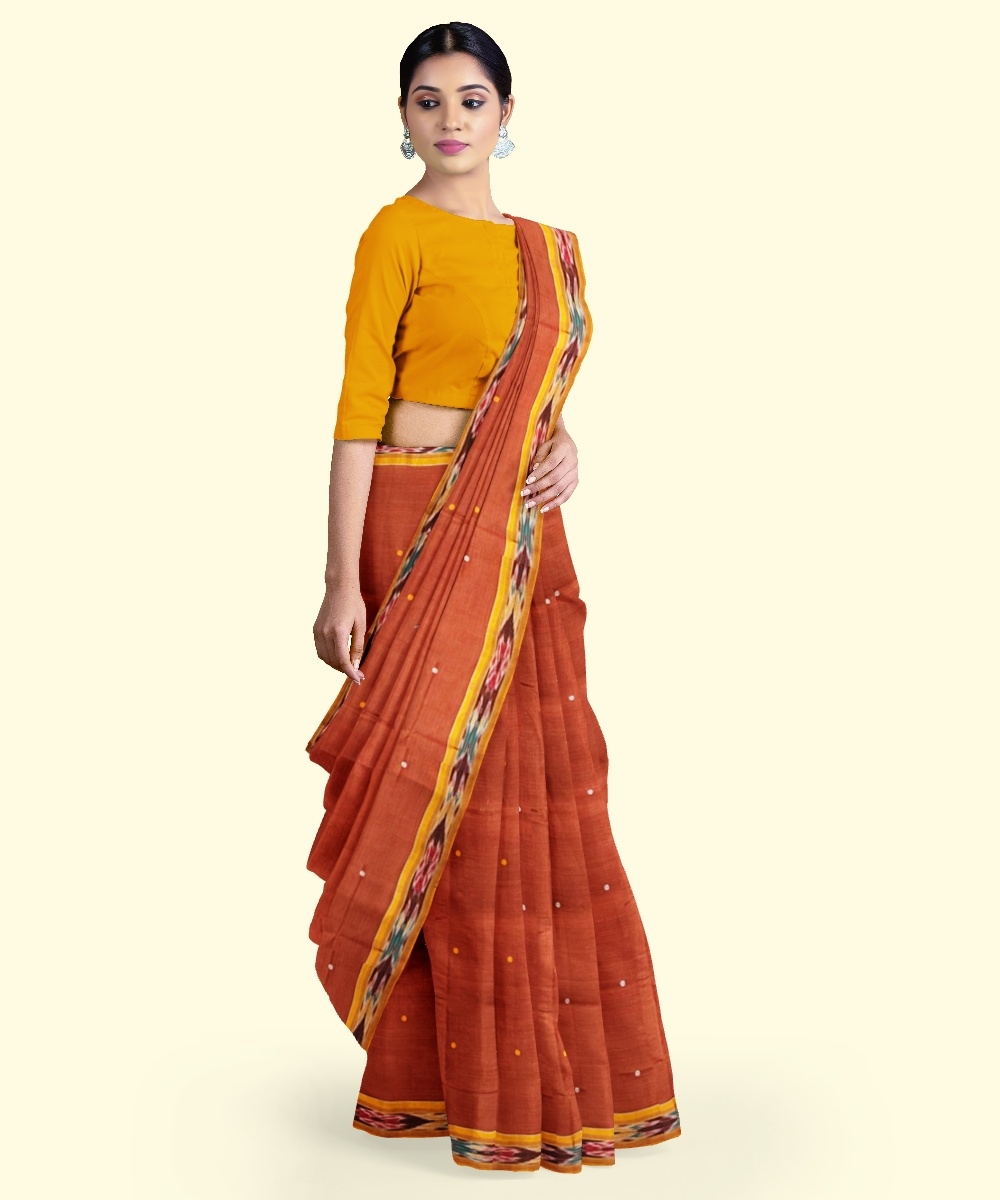 Rust Yellow Sambalpuri Handwoven Single Ikat Cotton Saree Image 2
