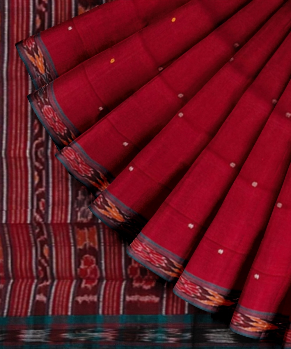 Red Green Sambalpuri Handwoven Single Ikat Cotton Saree Image 2