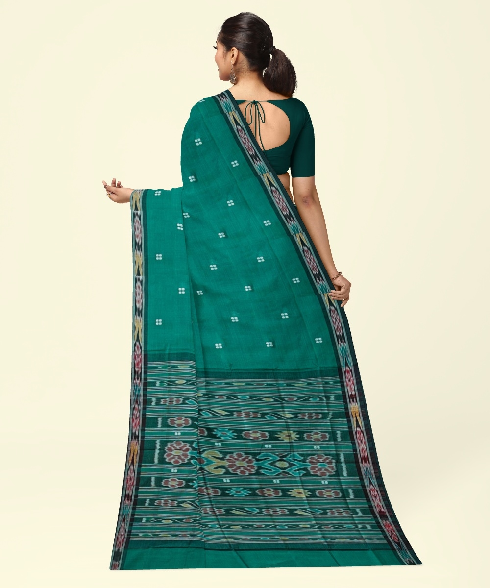 Green Black Sambalpuri Handwoven Single Ikat Cotton Saree Image 4