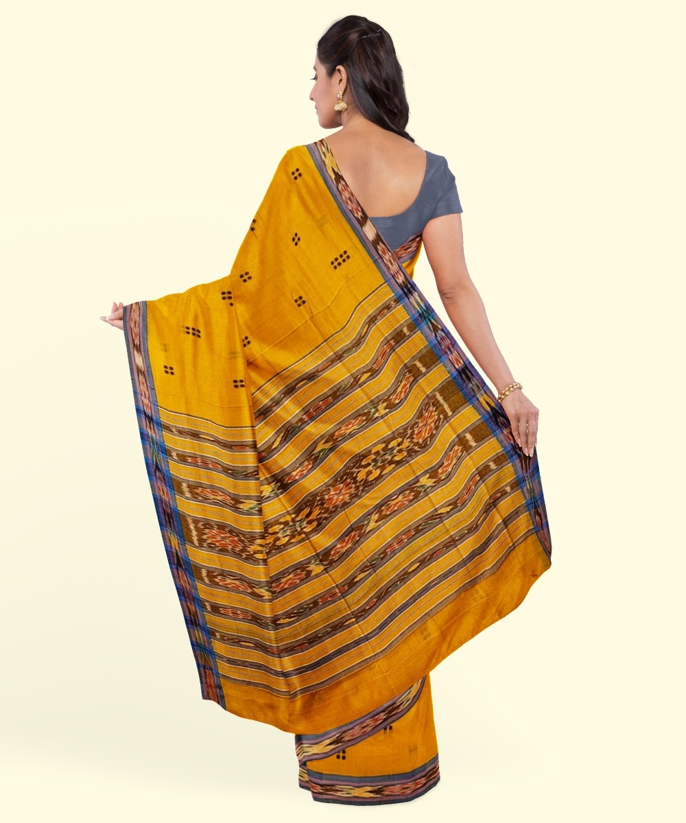 Yellow Blue Sambalpuri Handwoven Single Ikat Cotton Saree Image 4