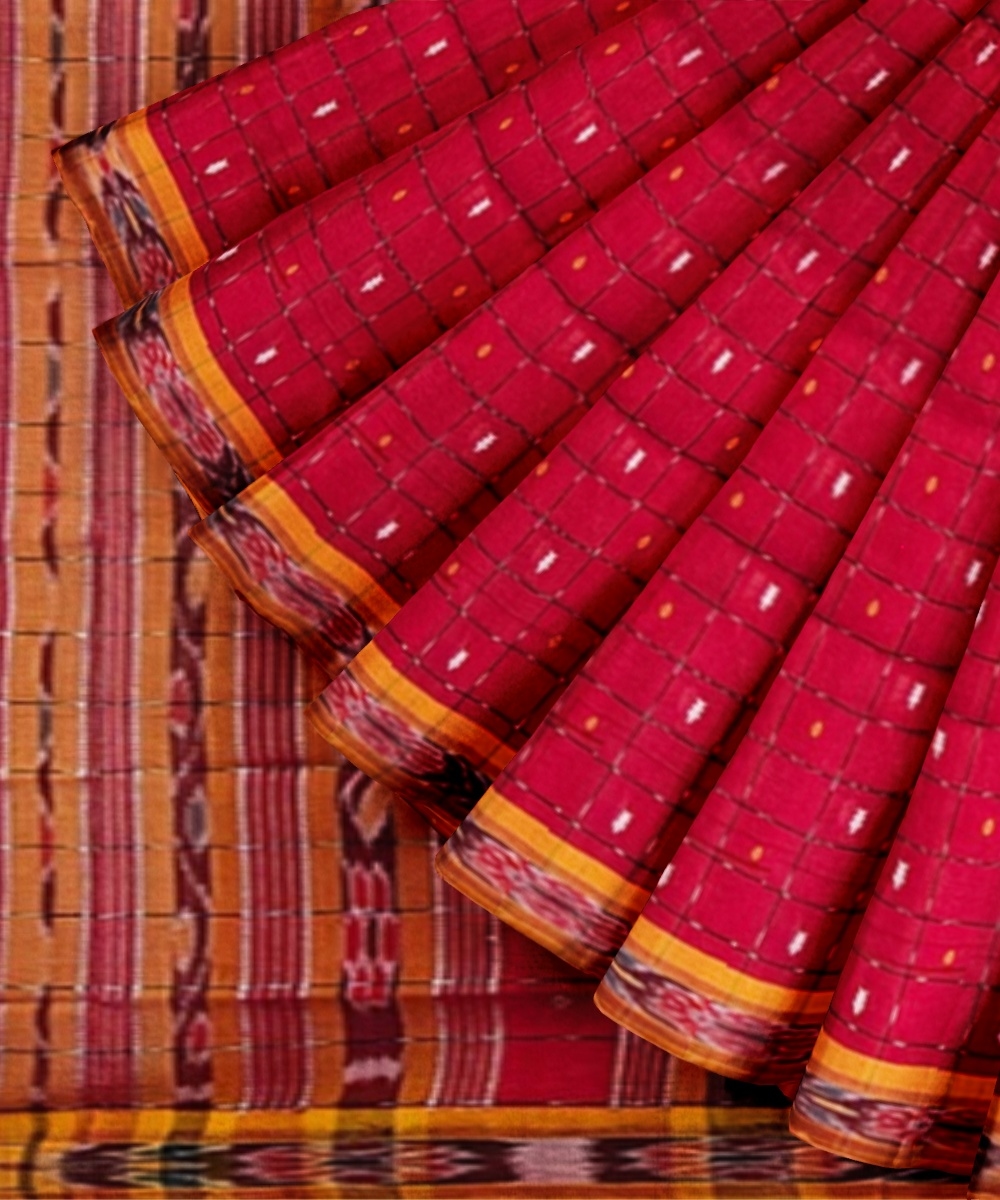 Red Yellow Sambalpuri Handwoven Single Ikat Cotton Saree Image 2
