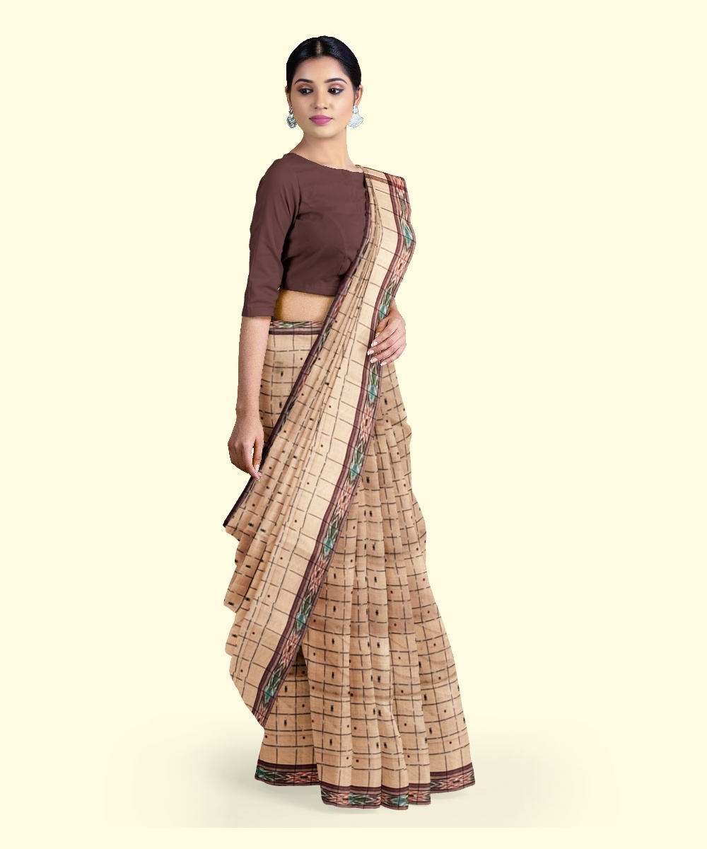 Beige Sambalpuri Handwoven Single Ikat Cotton Saree Image 2