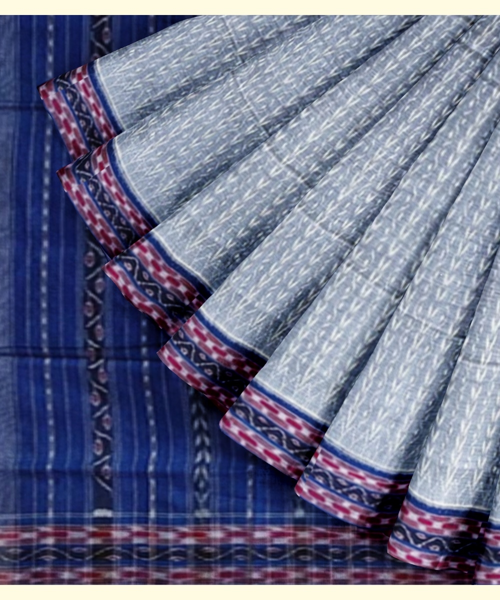 Gray Blue Sambalpuri Handwoven Single Ikat Cotton Saree Image 3