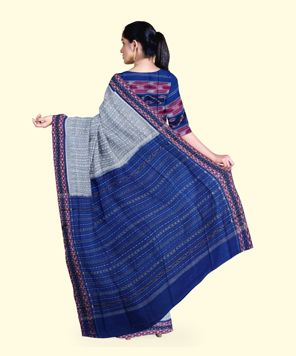 Gray Blue Sambalpuri Handwoven Single Ikat Cotton Saree Image 4