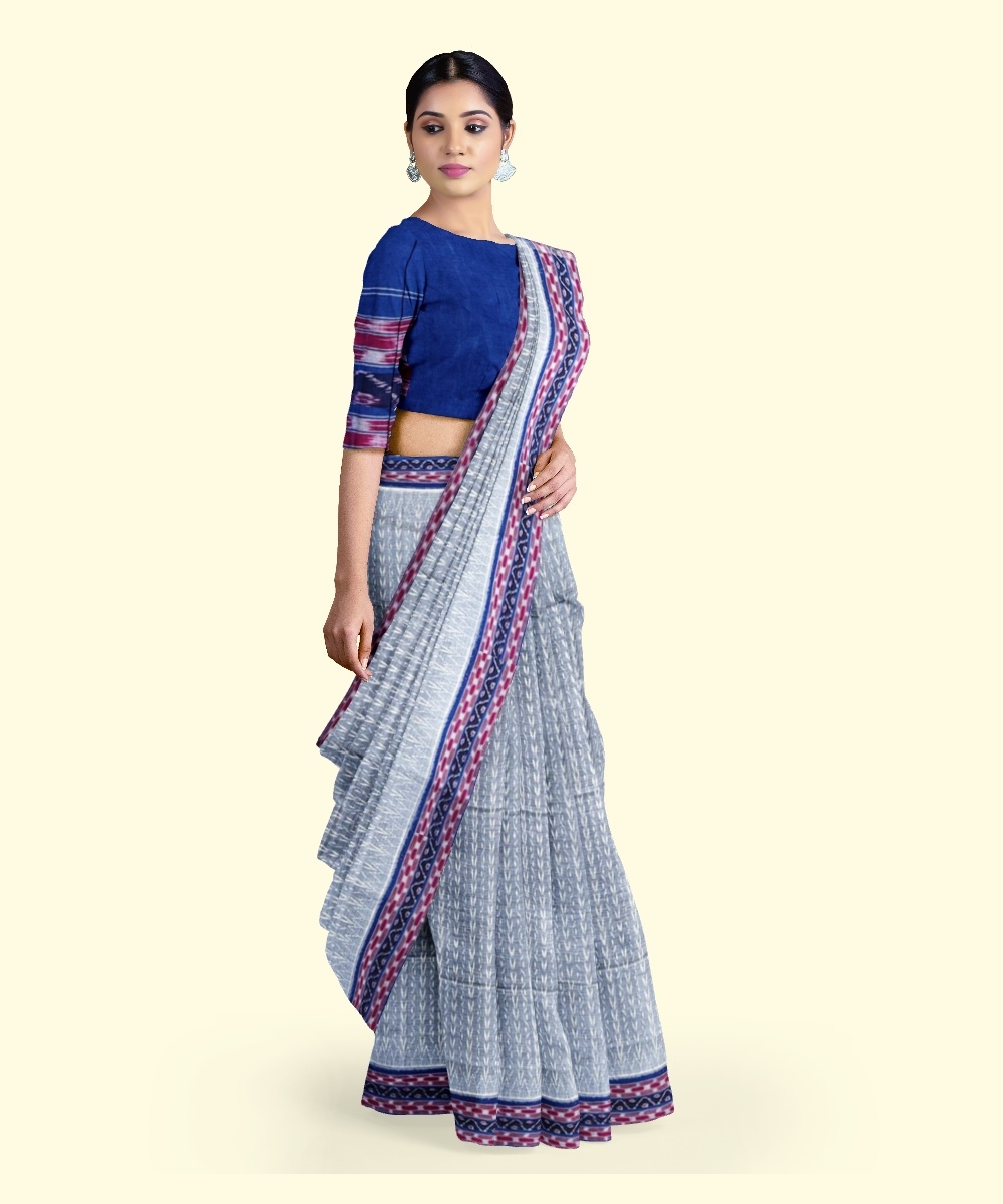 Gray Blue Sambalpuri Handwoven Single Ikat Cotton Saree Image 2