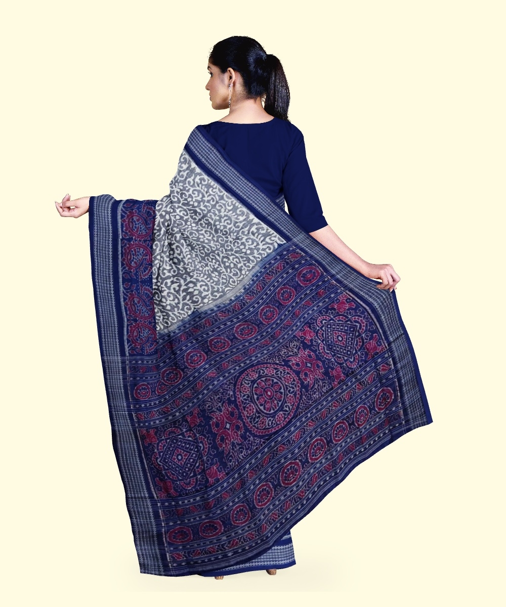 Gray Blue Sambalpuri Handwoven Single Ikat Cotton Saree Image 4