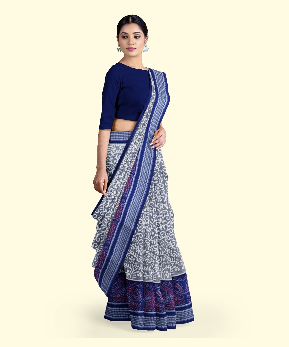 Gray Blue Sambalpuri Handwoven Single Ikat Cotton Saree Image 2
