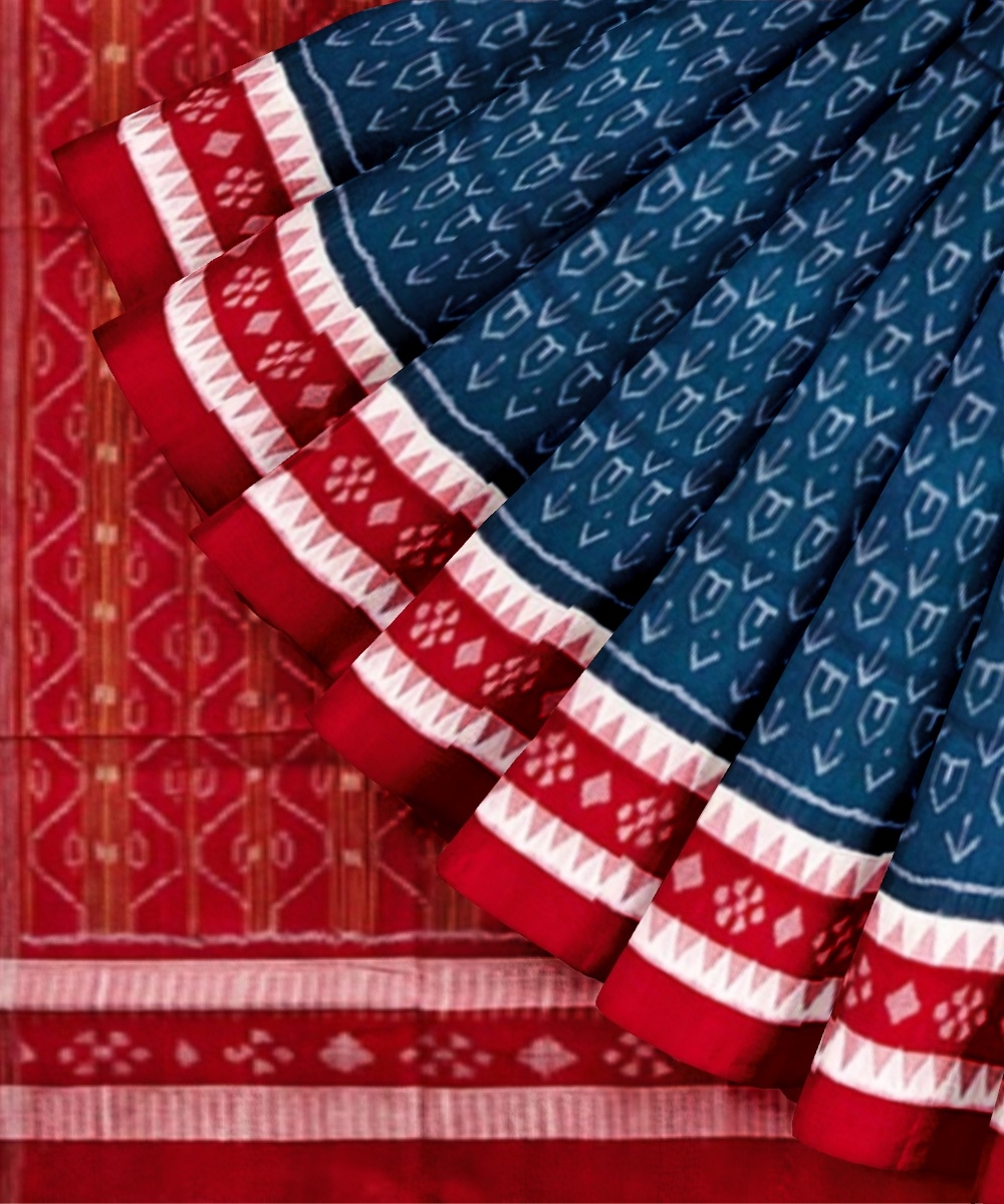 Green Red Sambalpuri Handwoven Single Ikat Cotton Saree Image 3