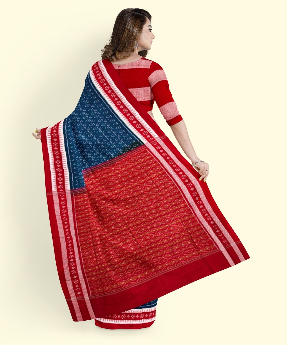 Green Red Sambalpuri Handwoven Single Ikat Cotton Saree Image 4