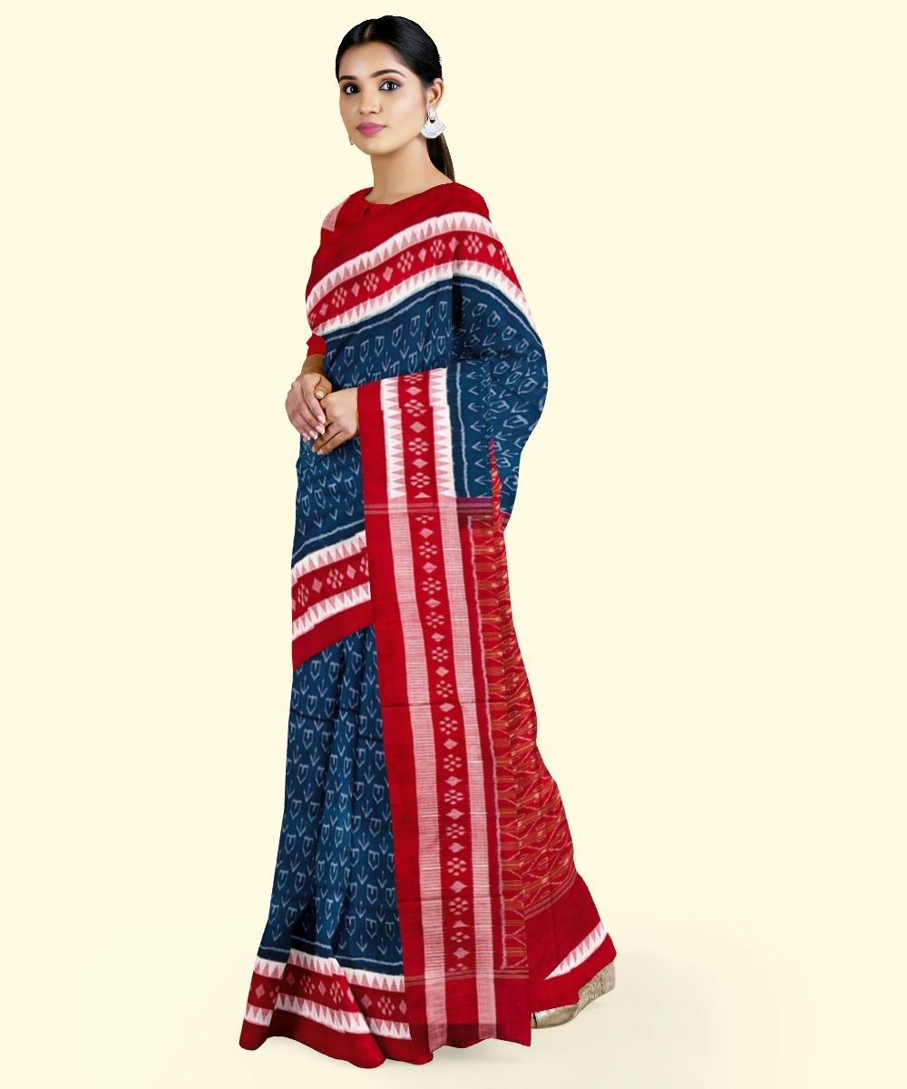 Green Red Sambalpuri Handwoven Single Ikat Cotton Saree Image 2