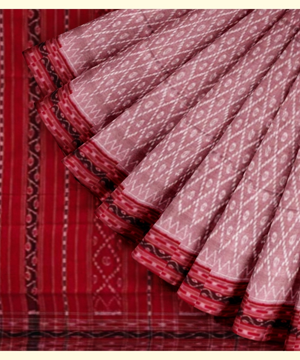 Gray Red Sambalpuri Handwoven Single Ikat Cotton Saree Image 3