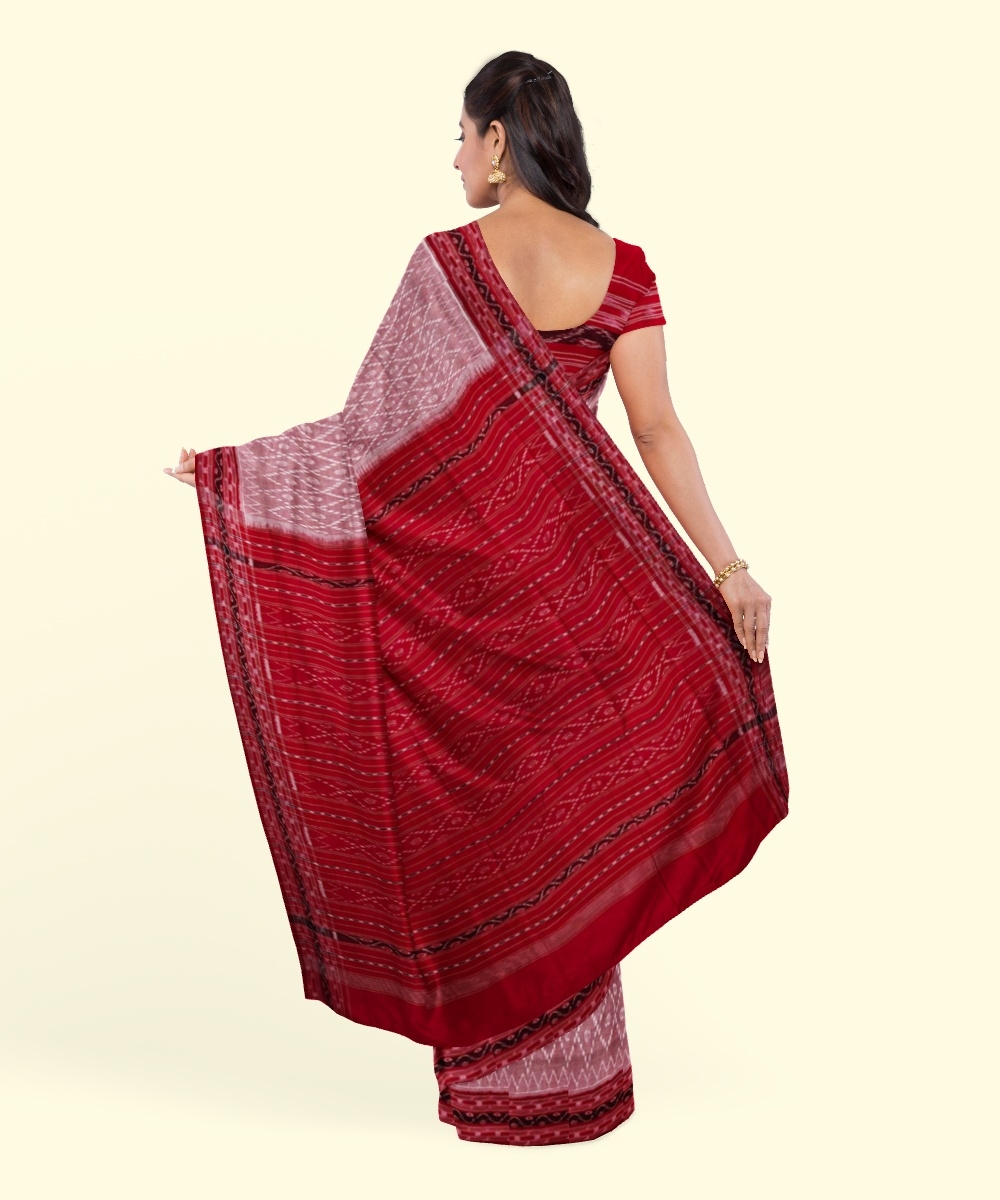 Gray Red Sambalpuri Handwoven Single Ikat Cotton Saree Image 4