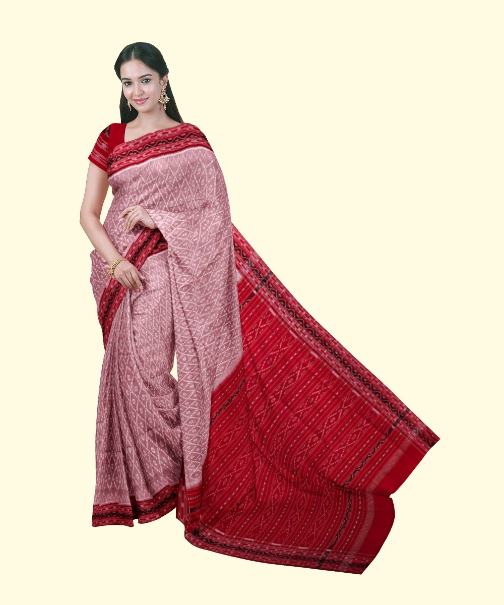Gray Red Sambalpuri Handwoven Single Ikat Cotton Saree SFCSAR2255