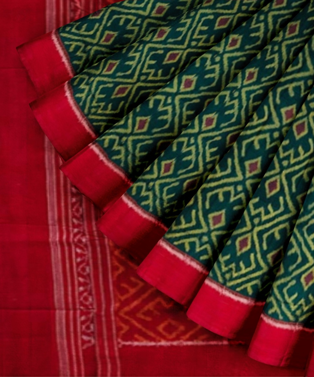 Green Red Sambalpuri Handwoven Single Ikat Cotton Saree Image 3