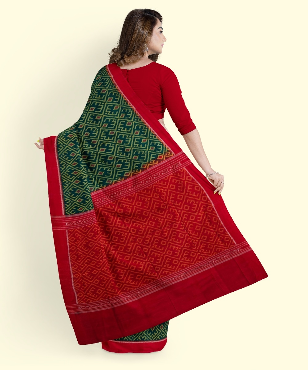 Green Red Sambalpuri Handwoven Single Ikat Cotton Saree Image 4