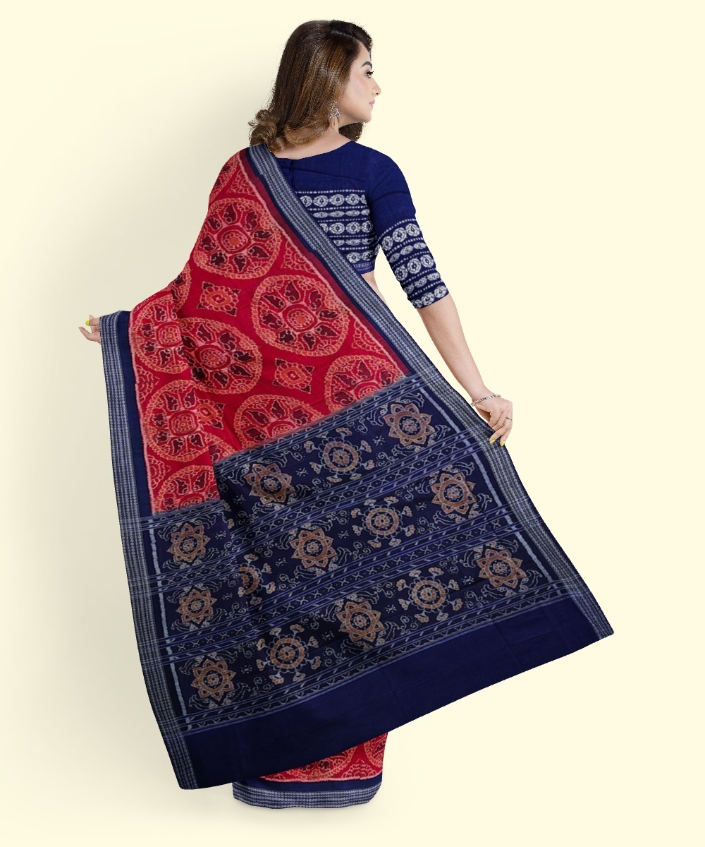 Red Blue Sambalpuri Handwoven Single Ikat Cotton Saree Image 4