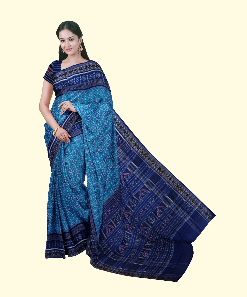 Blue Sambalpuri Handwoven Single Ikat Cotton Saree SFCSAR2259