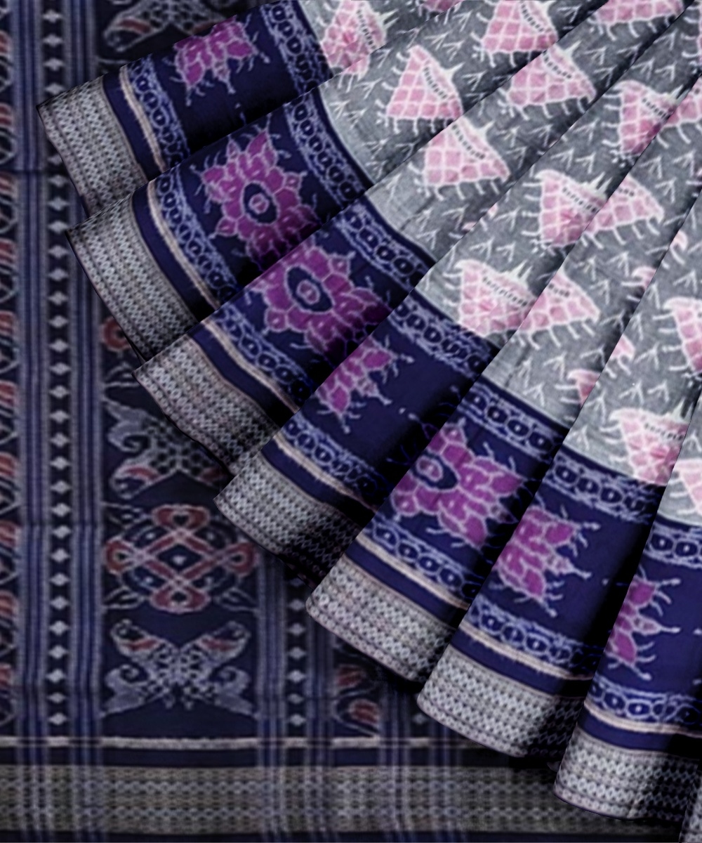 Gray Blue Sambalpuri Handwoven Single Ikat Cotton Saree Image 2