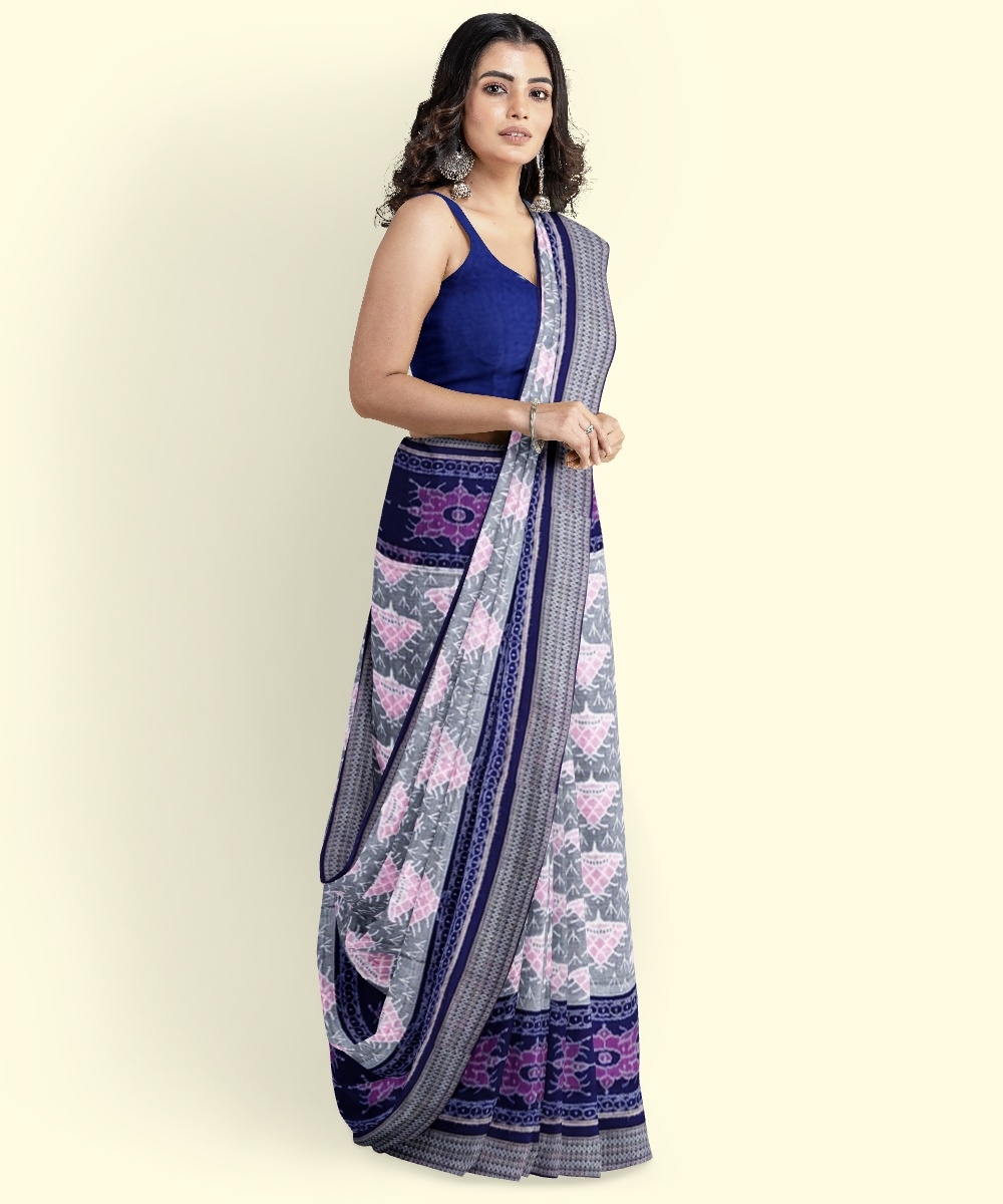 Gray Blue Sambalpuri Handwoven Single Ikat Cotton Saree Image 4
